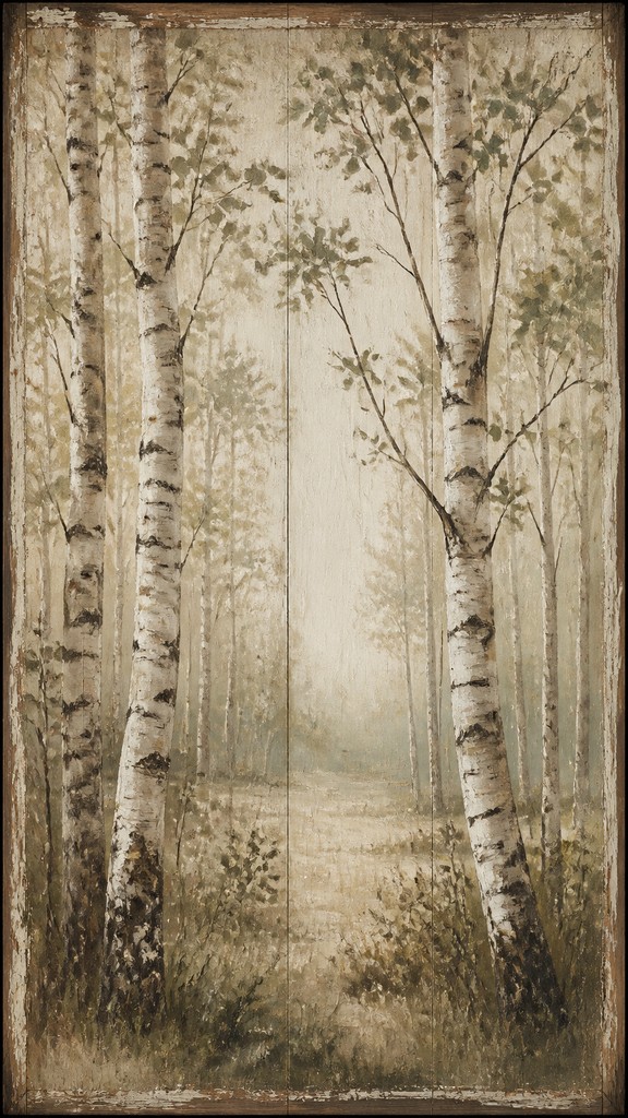 a serene birch forest in soft morning light, no people, no text — Rustic Farmhouse Furniture Art wall art print
