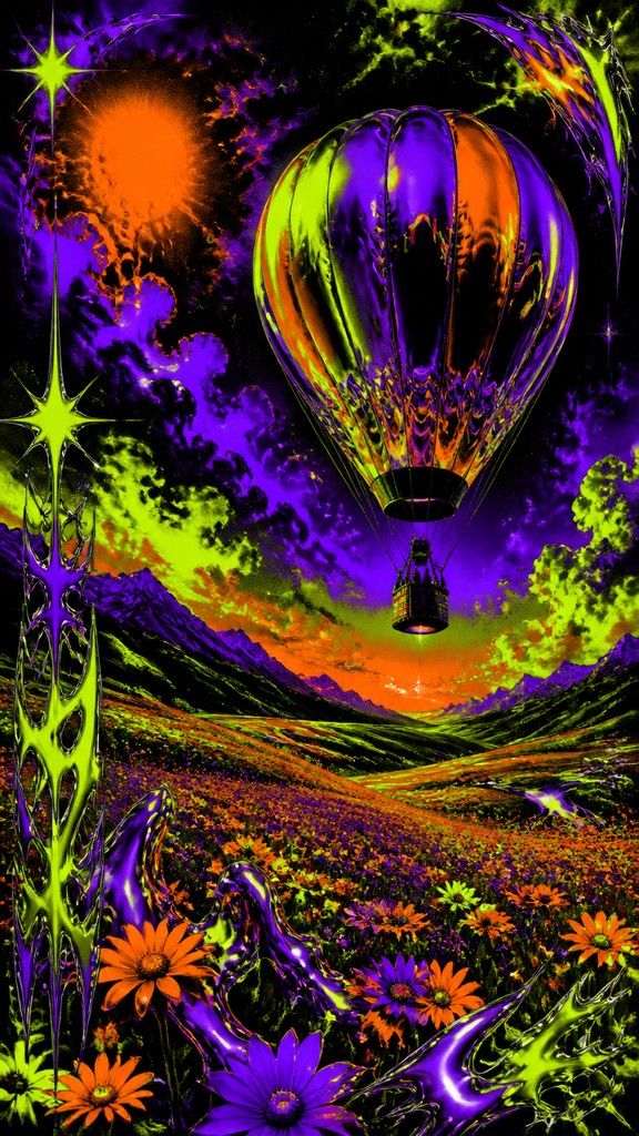 a hot air balloon drifting over rolling flower fields on a sunny day, cheerful, no text — Acid Graphics greeting card