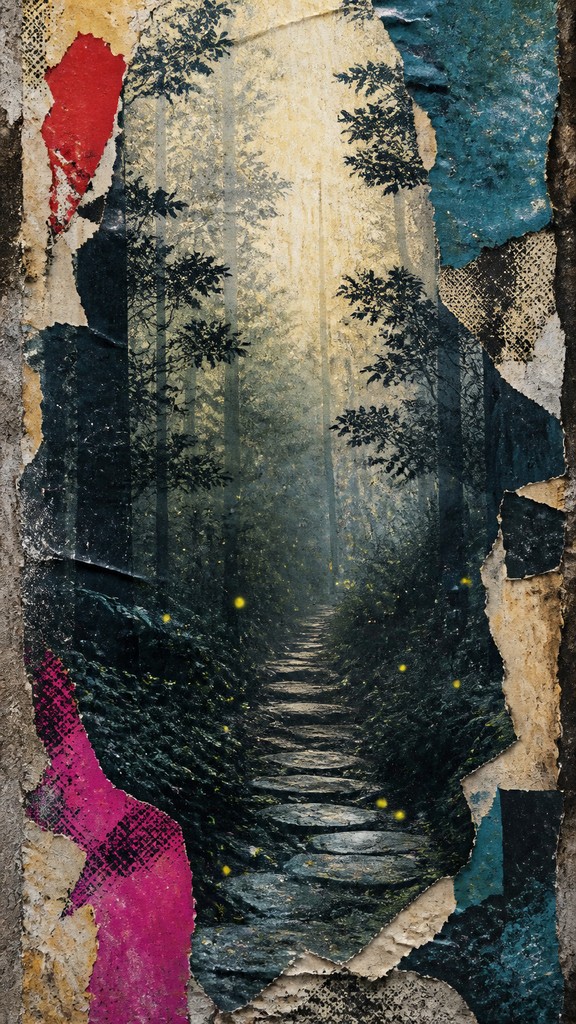 a mysterious forest path with fireflies and drifting mist, atmospheric vertical composition with open space at the top, no text — Wheatpaste Poster Street Art Style book cover