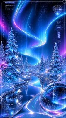 a snowy pine forest under the northern lights, no people — Cyber Y2K Aesthetic wallpaper