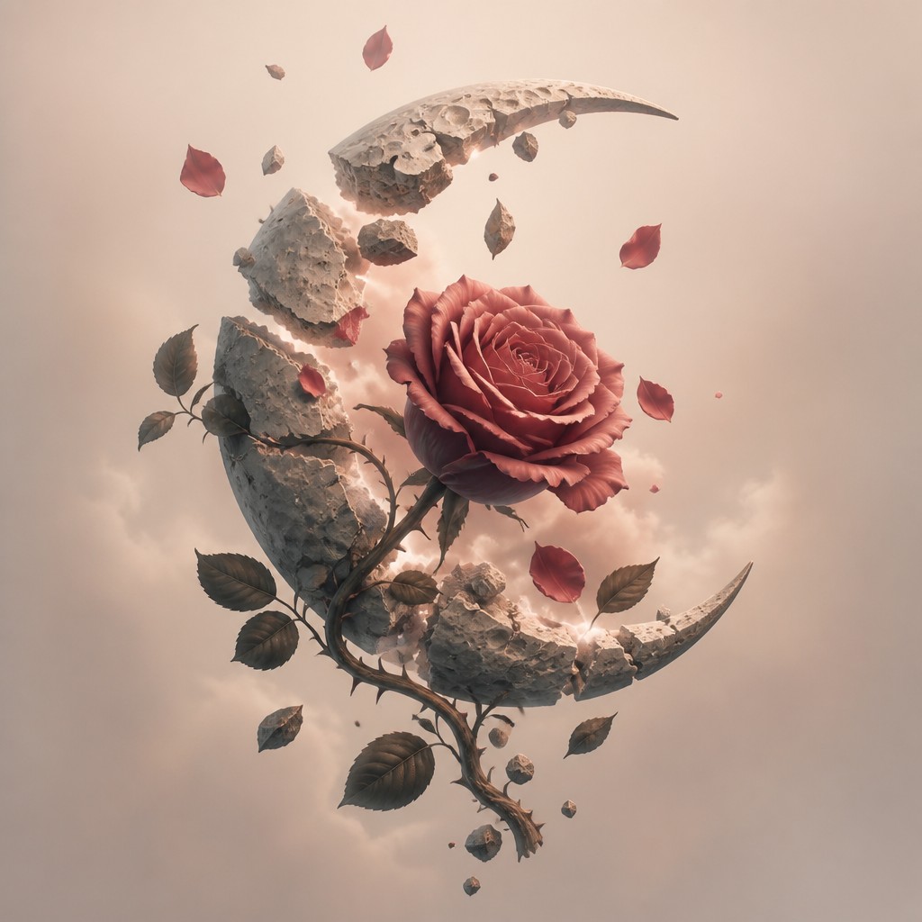 a rose entwined with a crescent moon, clean balanced composition on a plain background, no text — Floating Islands tattoo design