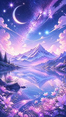 a tranquil mountain lake beneath a starry night sky, no people, no text — Magical Girl Anime Art Style wallpaper