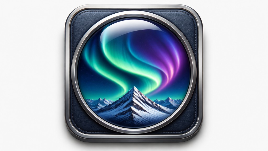 a flowing aurora over snowy peaks, wide sweeping composition, no people, no text — Skeuomorphic Icon Design banner