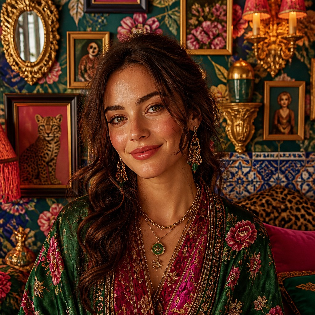 head-and-shoulders portrait of an original character: a young woman with wavy chestnut hair and a warm smile, plain soft backdrop — Maximalist Interior Design profile picture