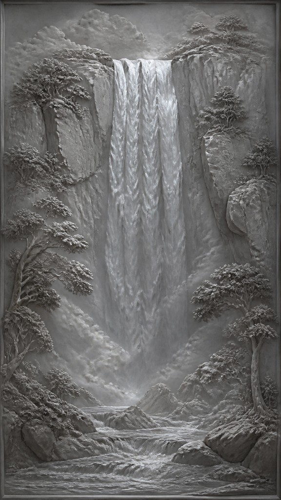 towering waterfall cascading down a cliff — Grisaille Painting Style