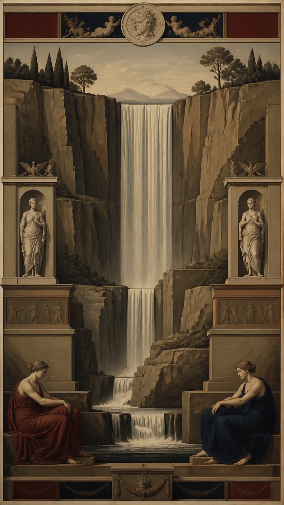 towering waterfall cascading down a cliff — Neoclassicism Art Style