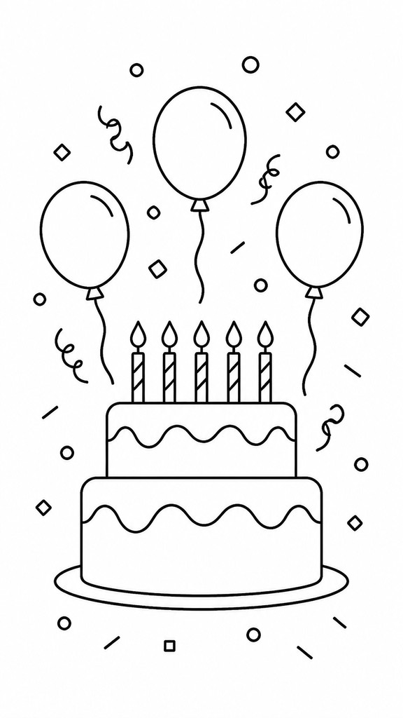 a birthday cake with lit candles surrounded by balloons and confetti, festive vertical composition, no text — Line Art Icon Design birthday card