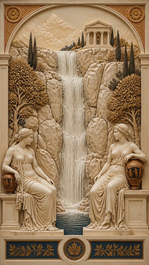 towering waterfall cascading down a cliff — Ancient Greek Classical Art Style