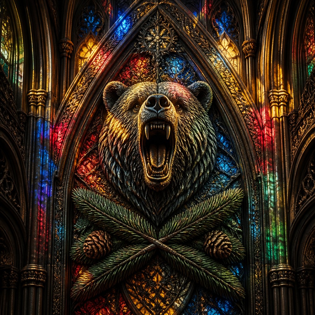 a roaring bear head above crossed pine branches, bold graphic composition on a plain background, no text — Gothic Cathedral Art t-shirt design