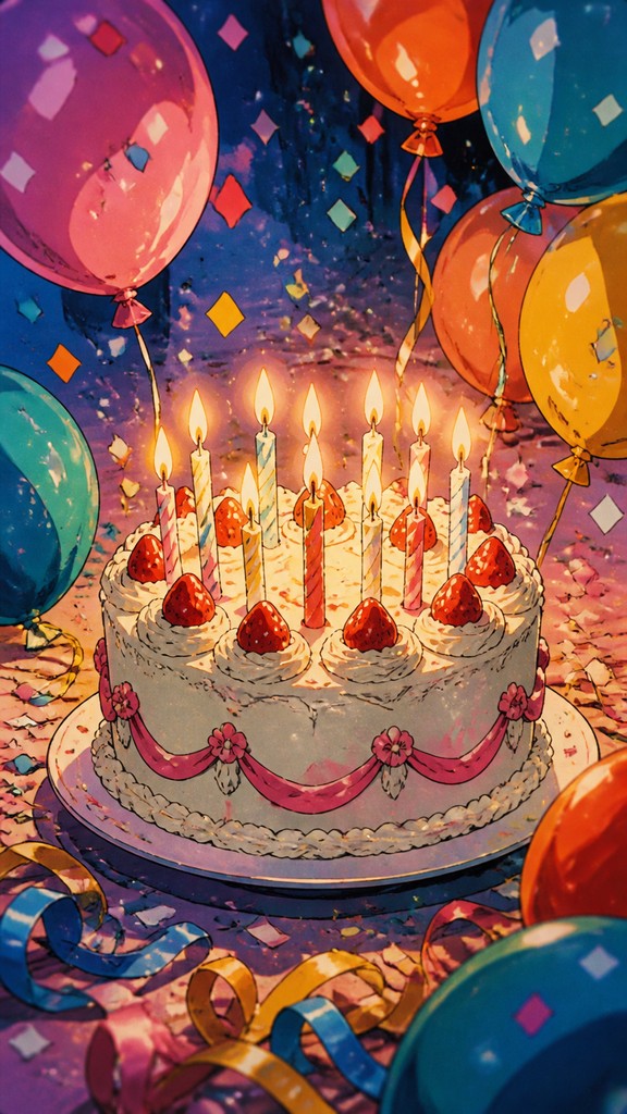 a birthday cake with lit candles surrounded by balloons and confetti, festive vertical composition, no text — Classic 90s Anime Art Style birthday card