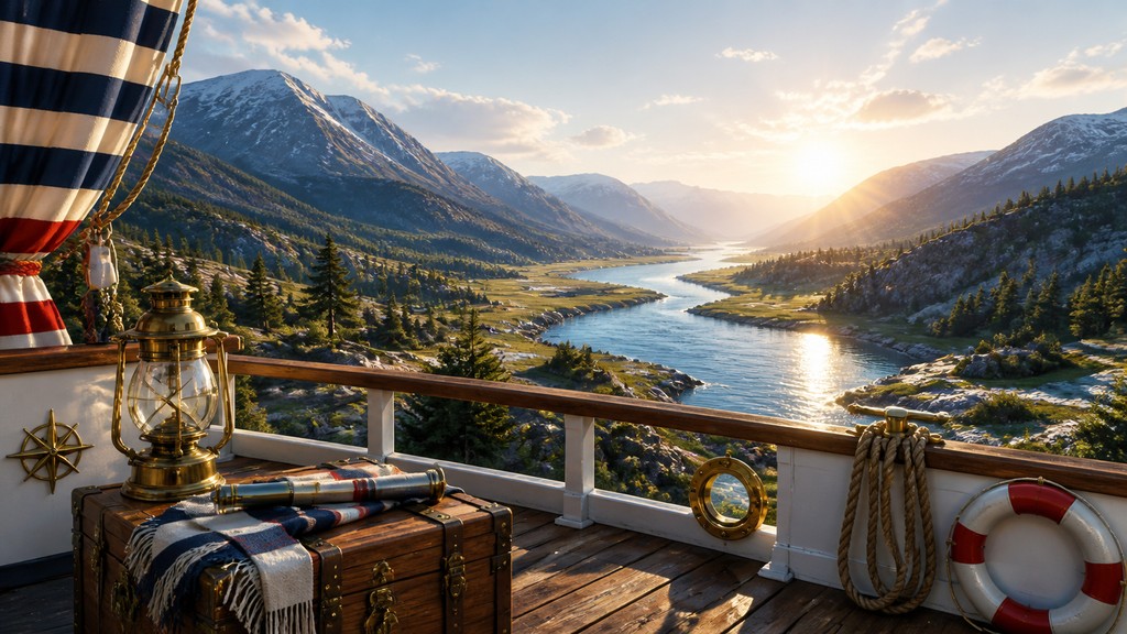 a vast valley with a river winding toward distant mountains at sunrise, no people, no text — Nautical Aesthetic desktop wallpaper