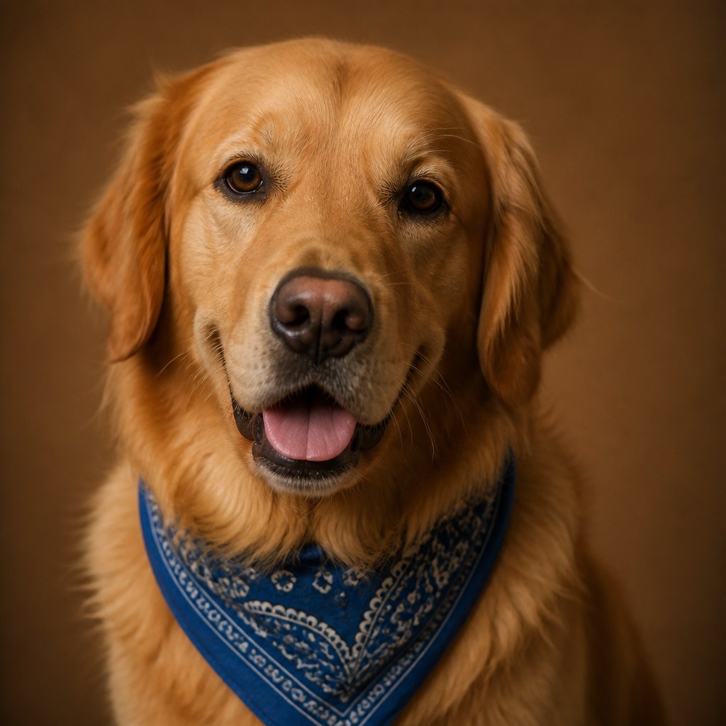 portrait of a golden retriever wearing a blue bandana, warm plain backdrop, no text — Photographic Realism Art Style pet portrait