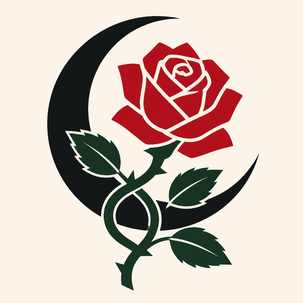 a rose entwined with a crescent moon, clean balanced composition on a plain background, no text — Hard-edge Painting Style tattoo design