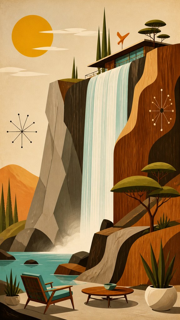 towering waterfall cascading down a cliff — Mid-Century Modern Furniture Art