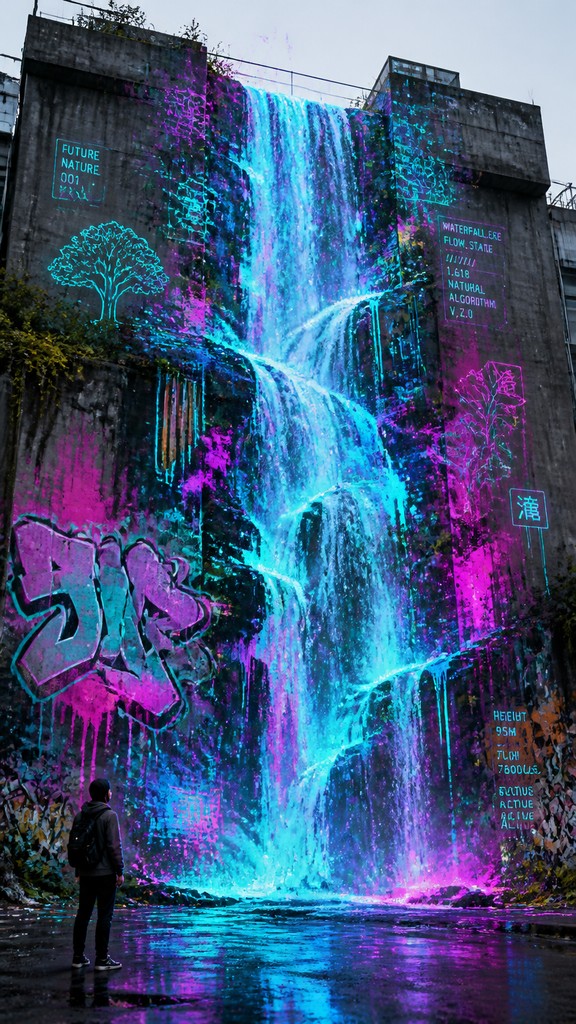 towering waterfall cascading down a cliff — Augmented Reality Graffiti