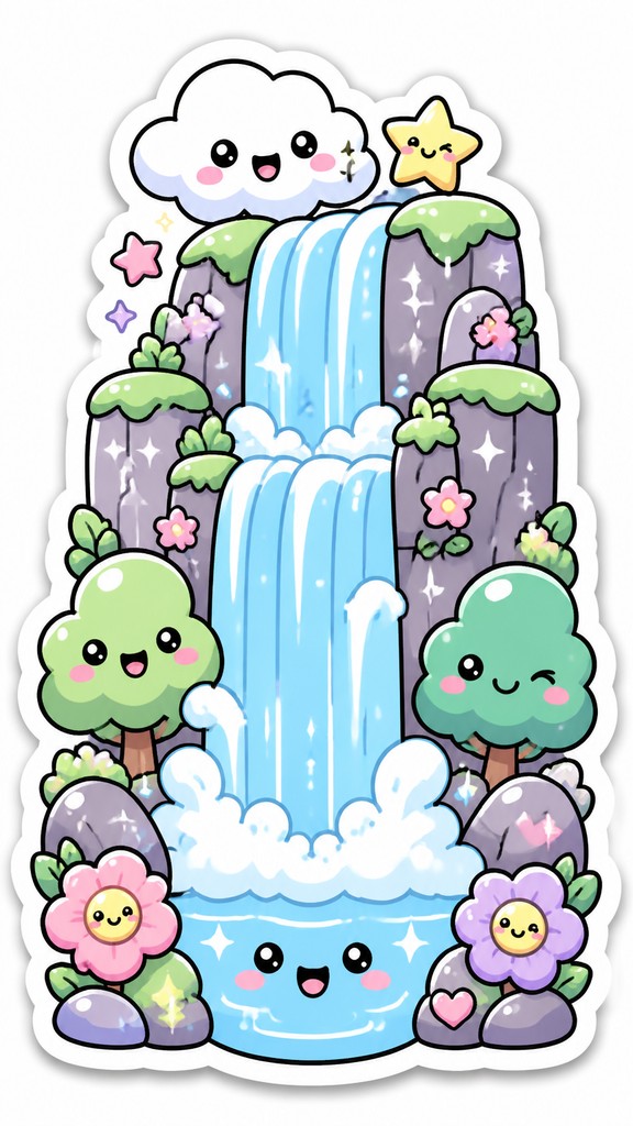 towering waterfall cascading down a cliff — Kawaii Sticker Design