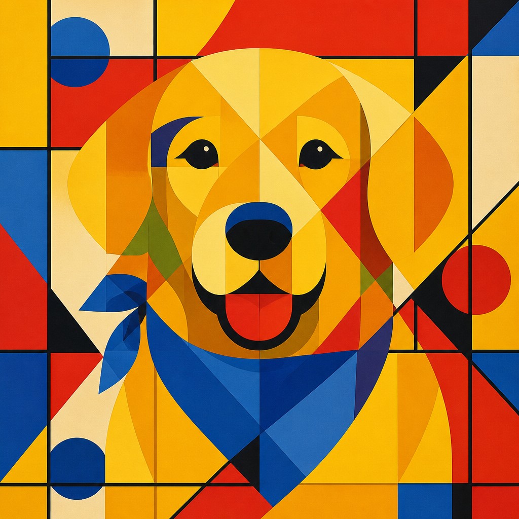 portrait of a golden retriever wearing a blue bandana, warm plain backdrop, no text — Bauhaus Geometric Art pet portrait