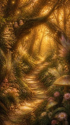 a winding forest path in golden autumn light, no people — Fairycore Aesthetic wallpaper