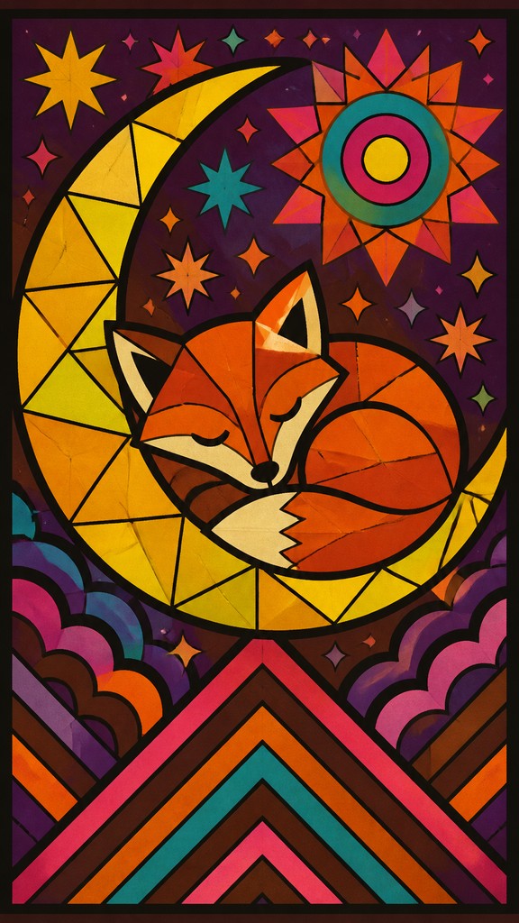 a sleeping baby fox curled on a crescent moon among soft stars, gentle and warm, no text — Retro Geometric Art baby announcement