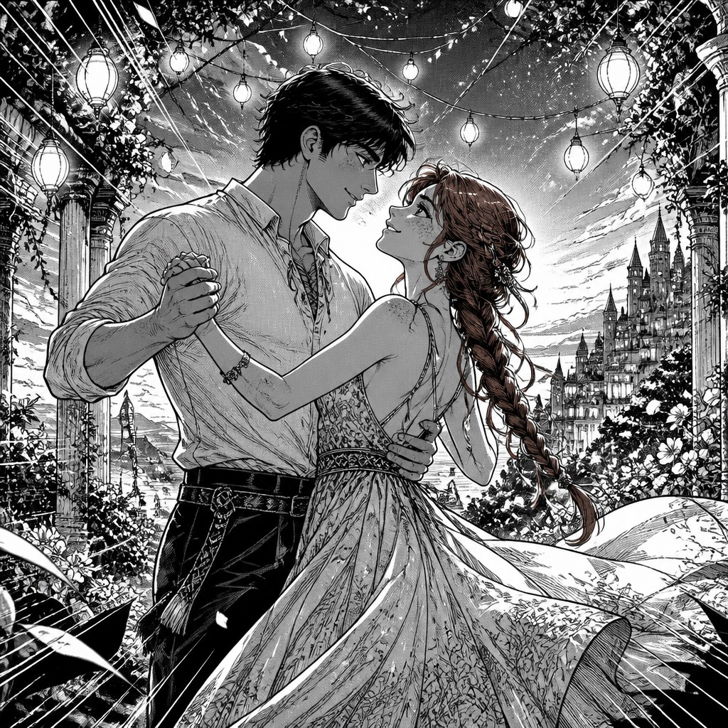 an original couple dancing under string lights in a garden at dusk: a man with short black hair in a linen shirt and a woman with braided red hair in a summer dress — Fantasy Adventure Manga Art Style couple portrait
