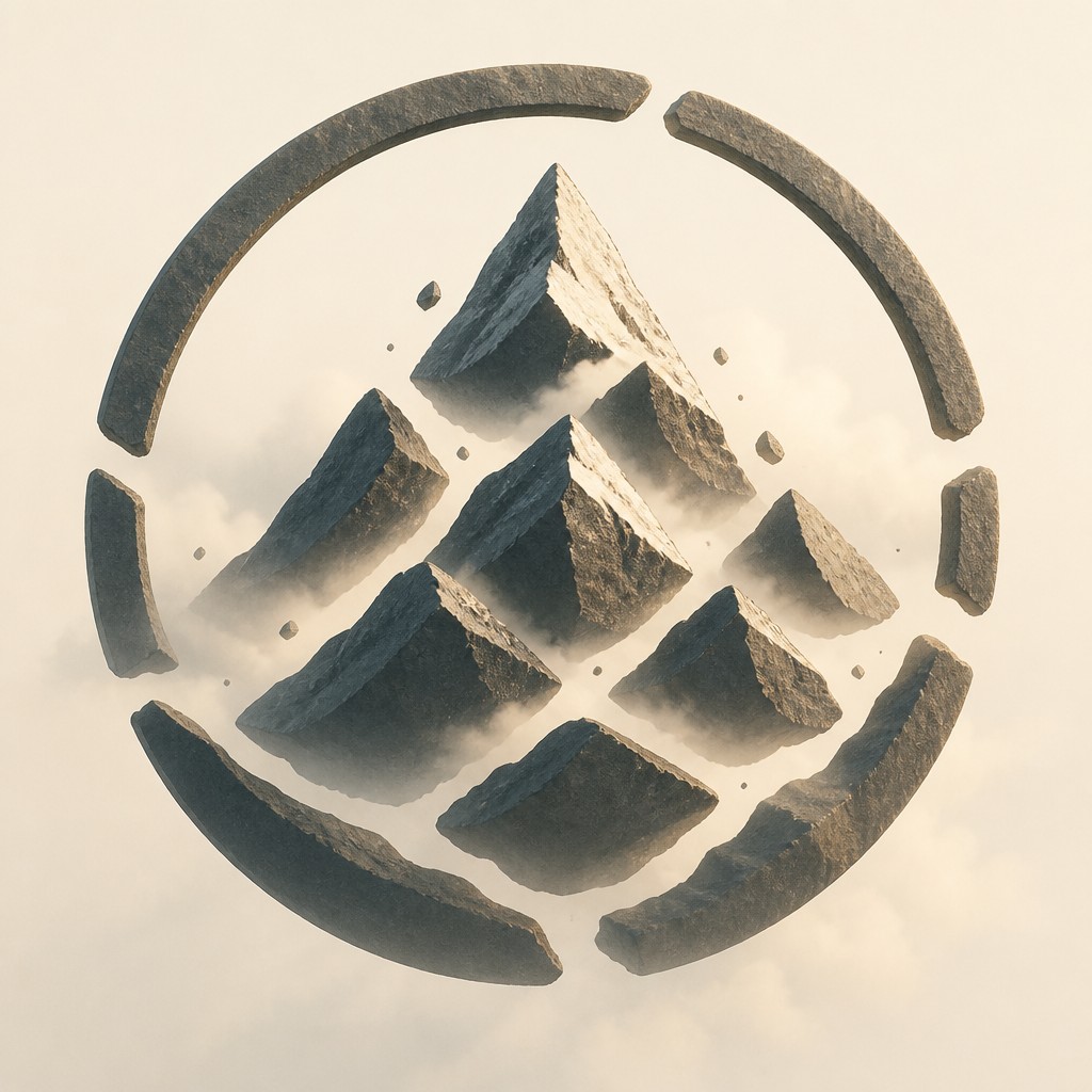 an emblem of a mountain peak inside a circle, simple bold shapes on a plain background, no text or lettering — Floating Islands logo concept