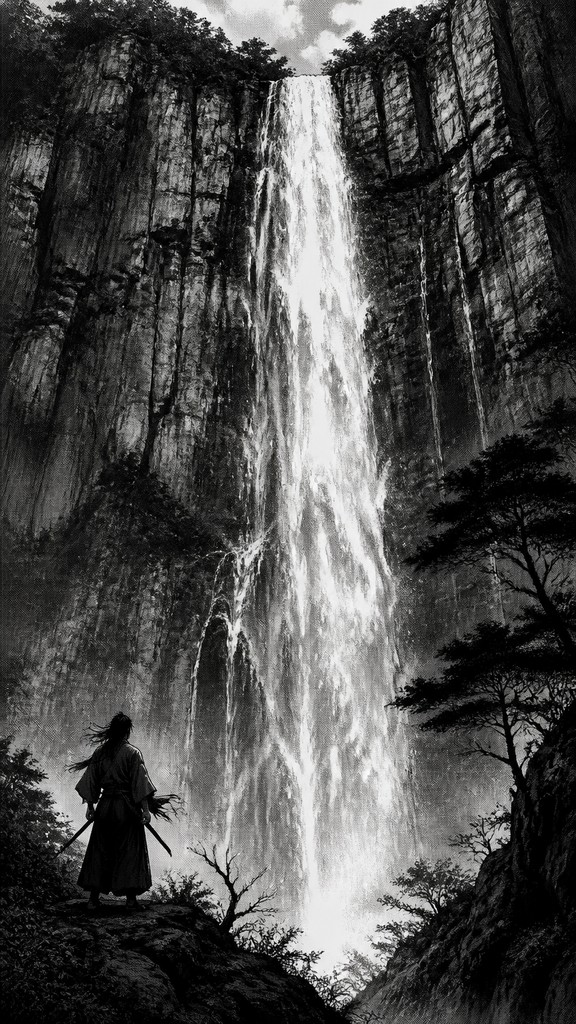 towering waterfall cascading down a cliff — Seinen Mature Manga Art Style
