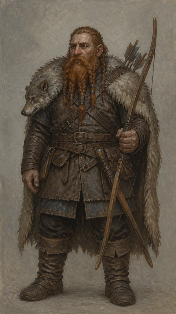 full-body original character: a dwarven ranger with a braided auburn beard, worn leather armor, a longbow and a wolf-pelt cloak, neutral background, no text — Social Realist Figurative Art Style tabletop character portrait