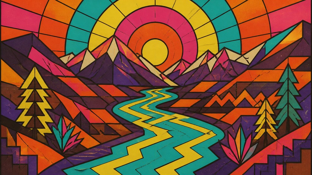 a vast valley with a river winding toward distant mountains at sunrise, no people, no text — Retro Geometric Art desktop wallpaper