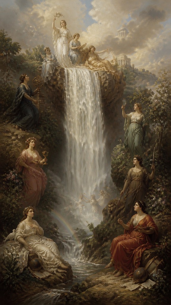 towering waterfall cascading down a cliff — Allegorical Painting Art Style
