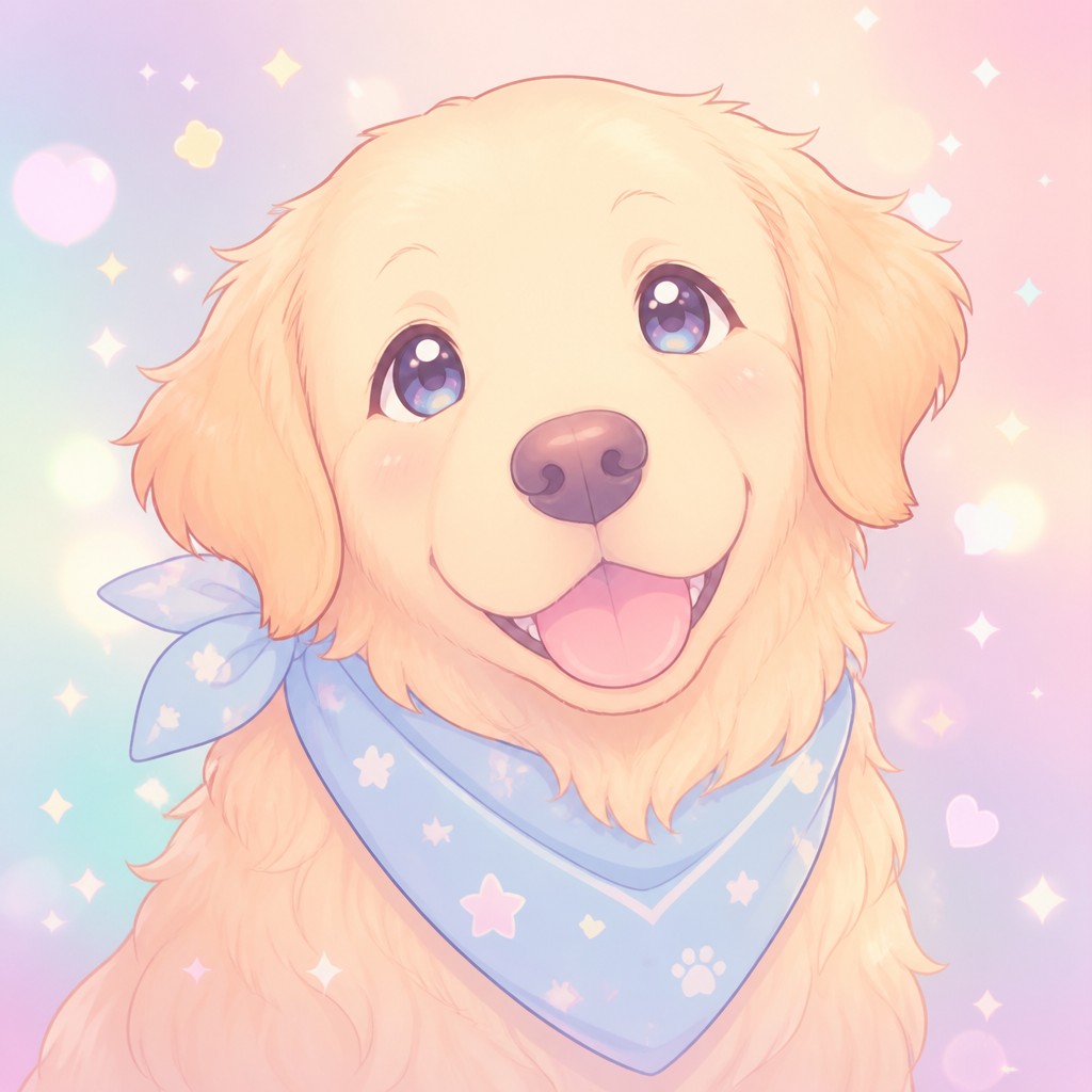 portrait of a golden retriever wearing a blue bandana, warm plain backdrop, no text — Kawaii Pastel Anime Art Style pet portrait