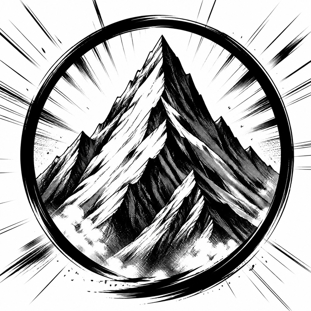 an emblem of a mountain peak inside a circle, simple bold shapes on a plain background, no text or lettering — Sports Manga Art Style logo concept