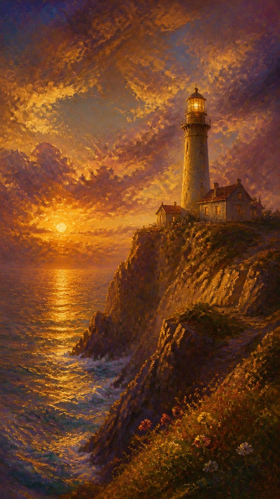 a lone lighthouse on a cliff at dusk under a dramatic sky, no text or lettering — Venetian Colorism Renaissance Art Style poster