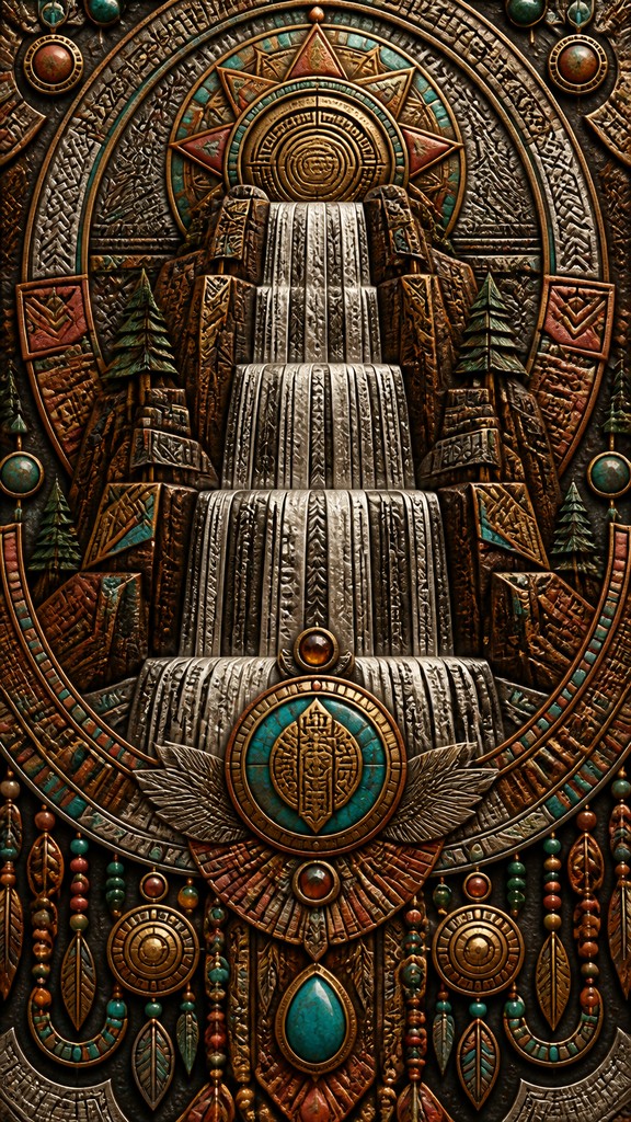 towering waterfall cascading down a cliff — Ethnic Tribal Jewelry Design