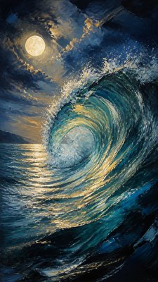 an ocean wave curling under moonlight, no people — Digital Painting Art Style wallpaper