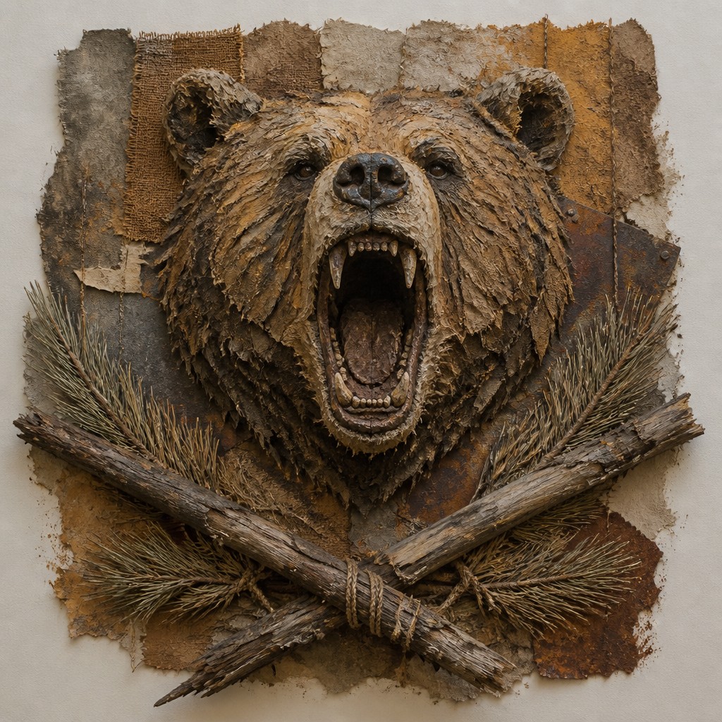 a roaring bear head above crossed pine branches, bold graphic composition on a plain background, no text — Arte Povera Art Style t-shirt design