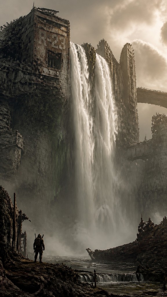 towering waterfall cascading down a cliff — Post-Apocalyptic Sci-Fi Art
