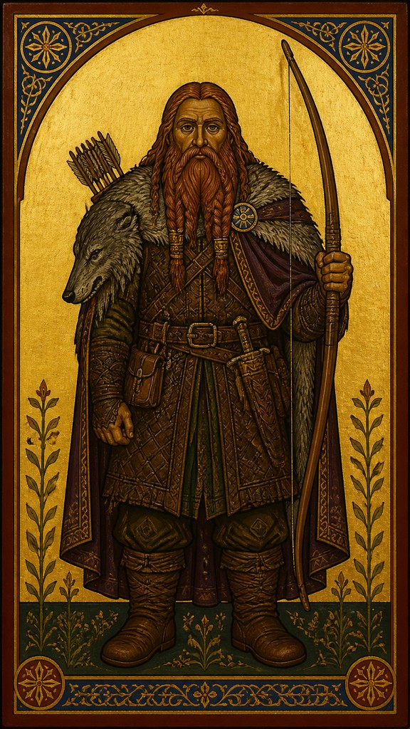 full-body original character: a dwarven ranger with a braided auburn beard, worn leather armor, a longbow and a wolf-pelt cloak, neutral background, no text — Byzantine Art Style tabletop character portrait