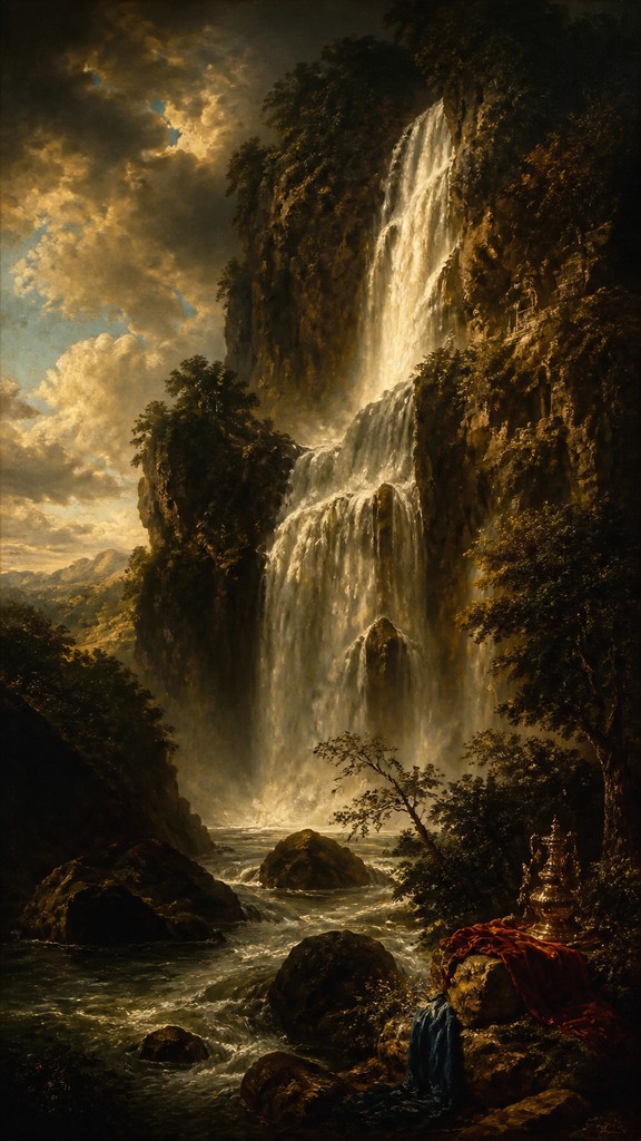 towering waterfall cascading down a cliff — Dutch Golden Age Still Life Art Style