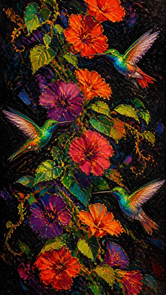 a climbing vine of flowers and hummingbirds on a dark background, tall wrapping composition, no text — Fauvist Impressionism Art Style phone case design