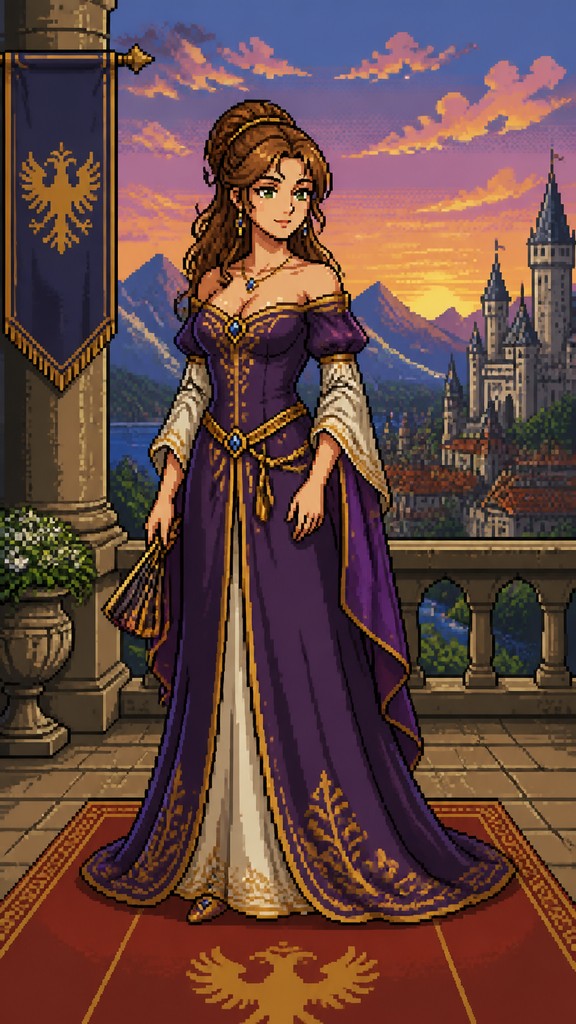 full-length portrait of an elegant figure — 16-Bit Pixel Art Style