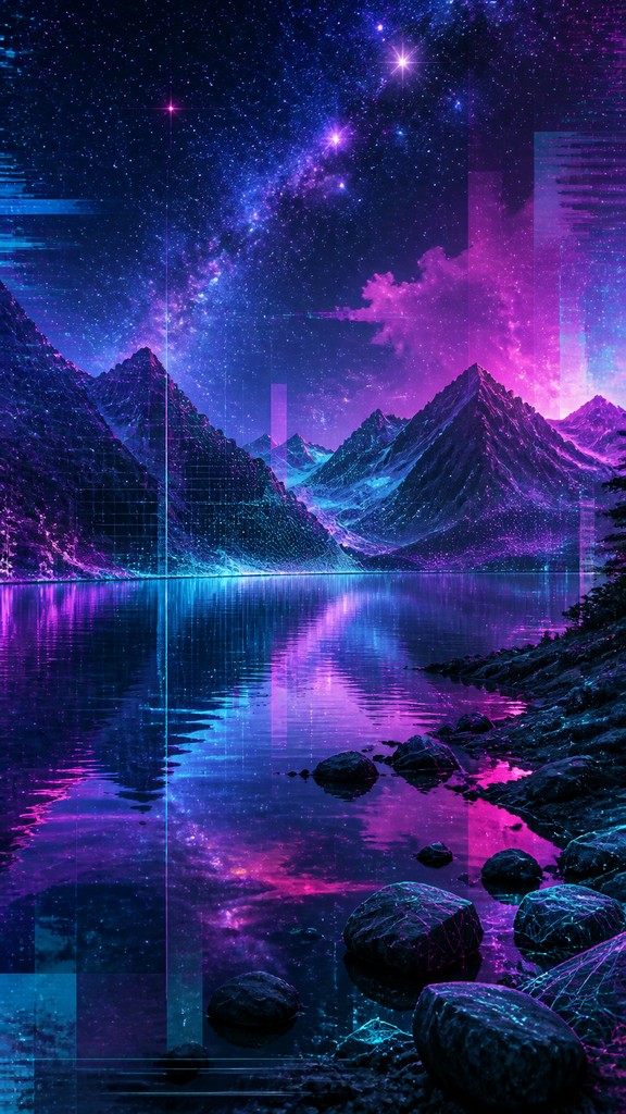 a tranquil mountain lake beneath a starry night sky, no people, no text — Augmented Reality Contemporary Art Style phone wallpaper
