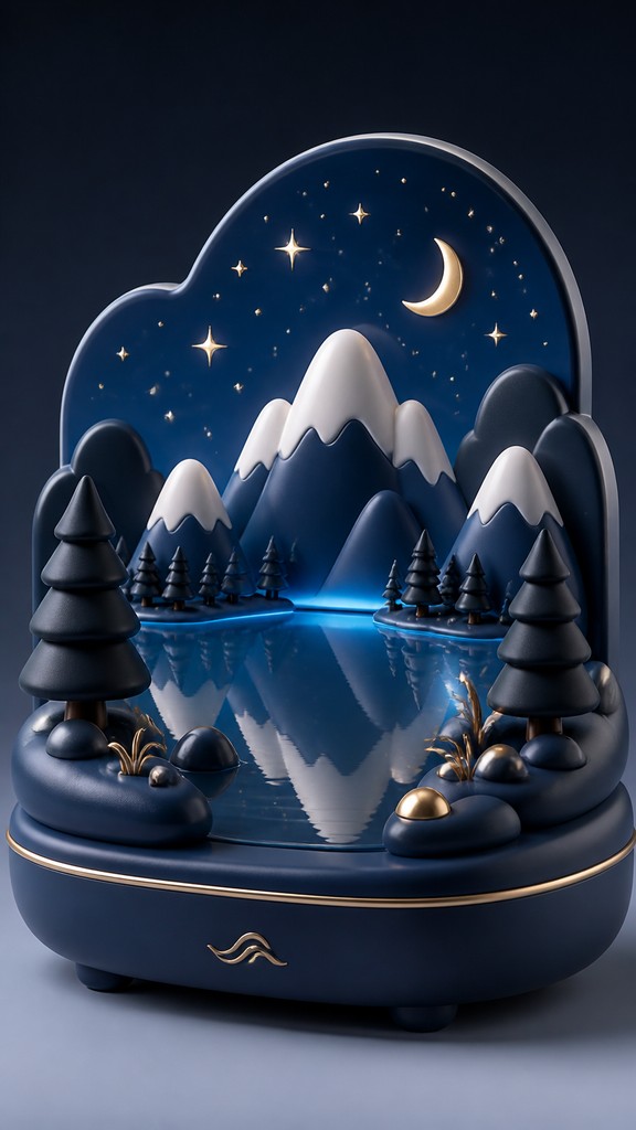 a tranquil mountain lake beneath a starry night sky, no people, no text — Art Toy Sculpture phone wallpaper