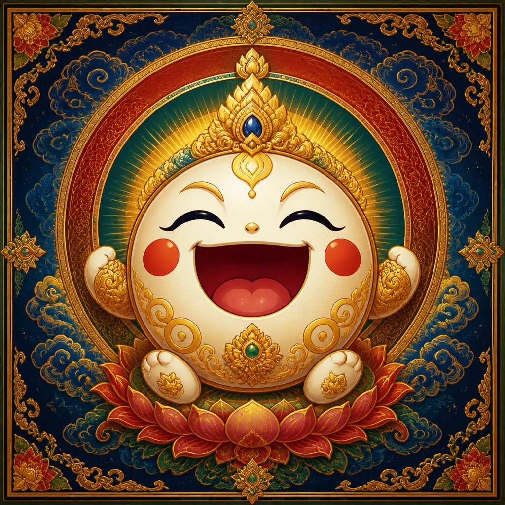 an exaggerated laughing face of an original round mascot character, bold and readable at small size, plain background, no text — Buddhist Religious Art Twitch emote