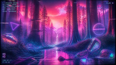 a panoramic redwood forest with light rays through mist, no people — Vaporwave Art Style wallpaper