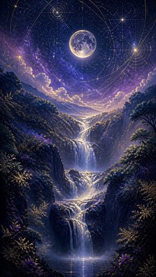 a cascading waterfall in a lush green gorge, no people — Celestial Aesthetic wallpaper