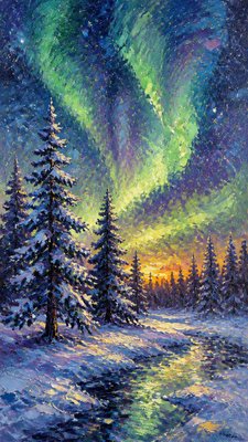 a snowy pine forest under the northern lights, no people — Impressionist Landscape Art Style wallpaper