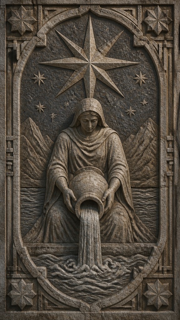 a robed figure pouring water beneath a large eight-pointed star in a night sky, symmetrical composition with an ornate decorative border, no text — Stone Carving Sculpture Art Style tarot card