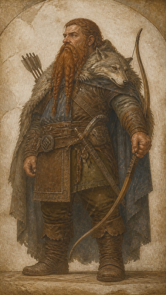 full-body original character: a dwarven ranger with a braided auburn beard, worn leather armor, a longbow and a wolf-pelt cloak, neutral background, no text — Fresco Narrative Renaissance Art Style tabletop character portrait