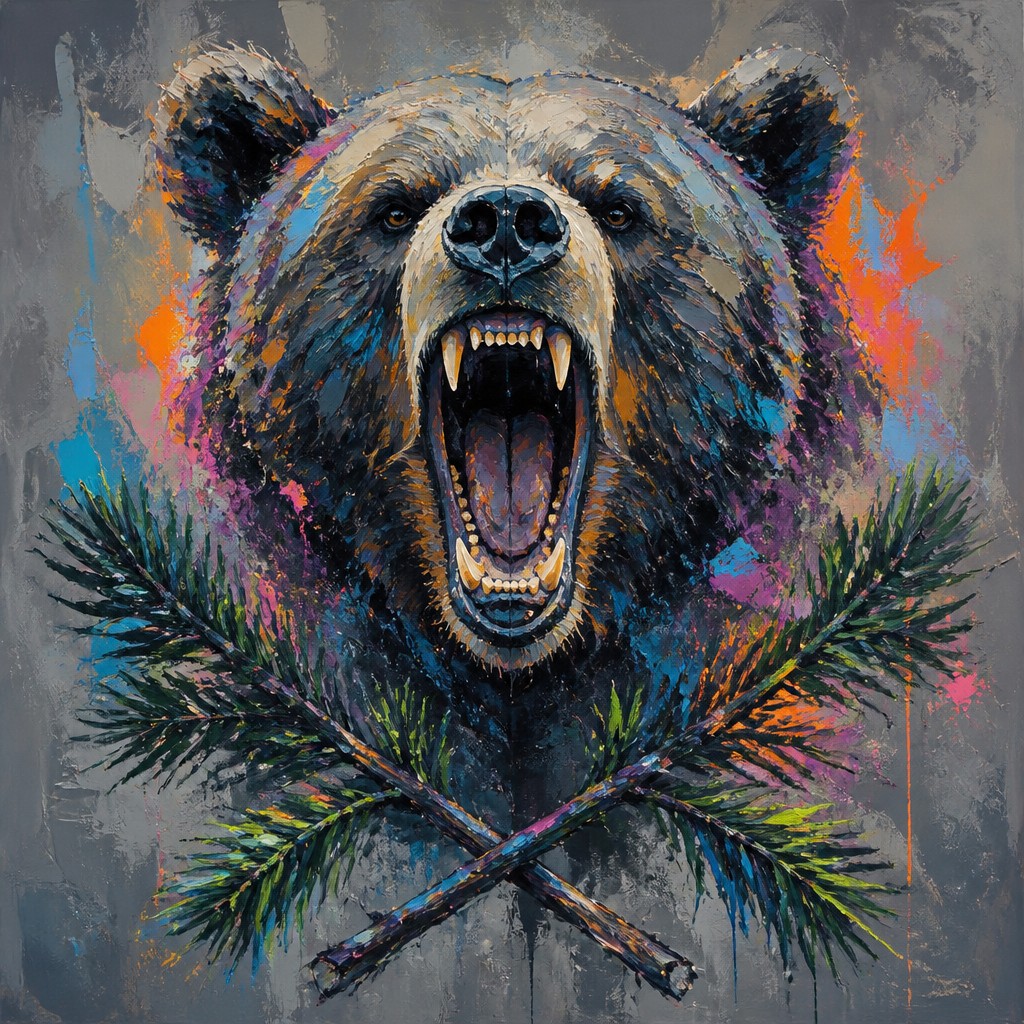 a roaring bear head above crossed pine branches, bold graphic composition on a plain background, no text — Urban Impressionism Art Style t-shirt design
