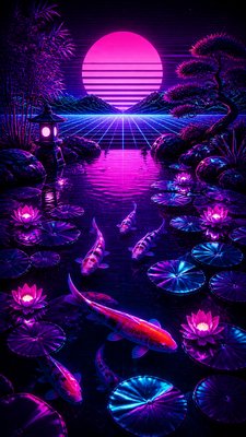 a koi pond with lily pads seen from above, no people — Synthwave Aesthetic wallpaper